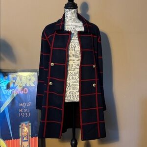 Anne Klein Navy and Red Grid Open-Front Pea Coat-Style Blazer
